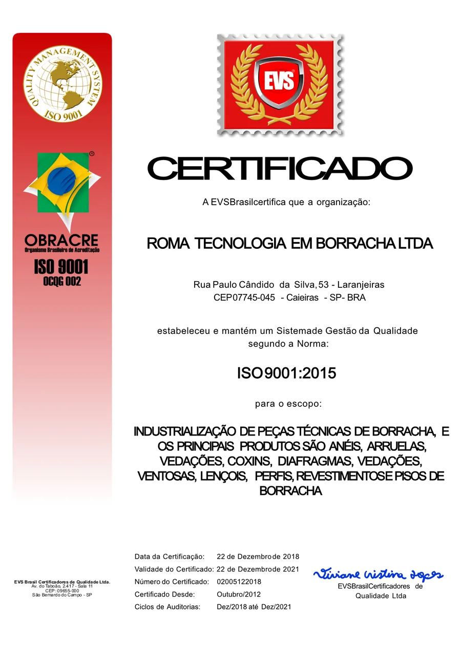Certificado ISO 9001:2015 da RoMa Tecnologia em Borracha